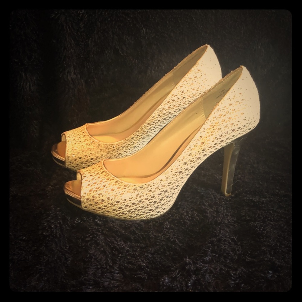 Gold Peep Toe Pumps